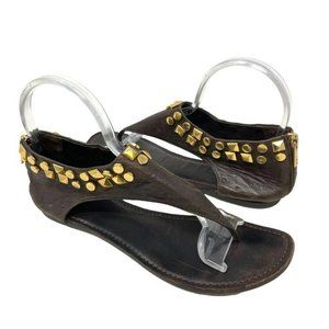 Tory Burch Brown Leather Gold Studded Gladiator Flat Thong Sandals - Size 8